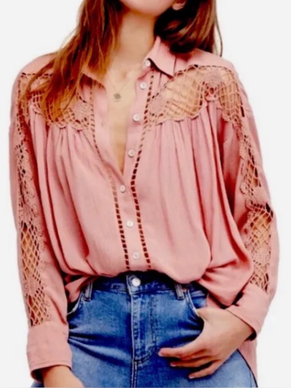 Free People High-low Crochet Tunic in Salmon Pink Size Small